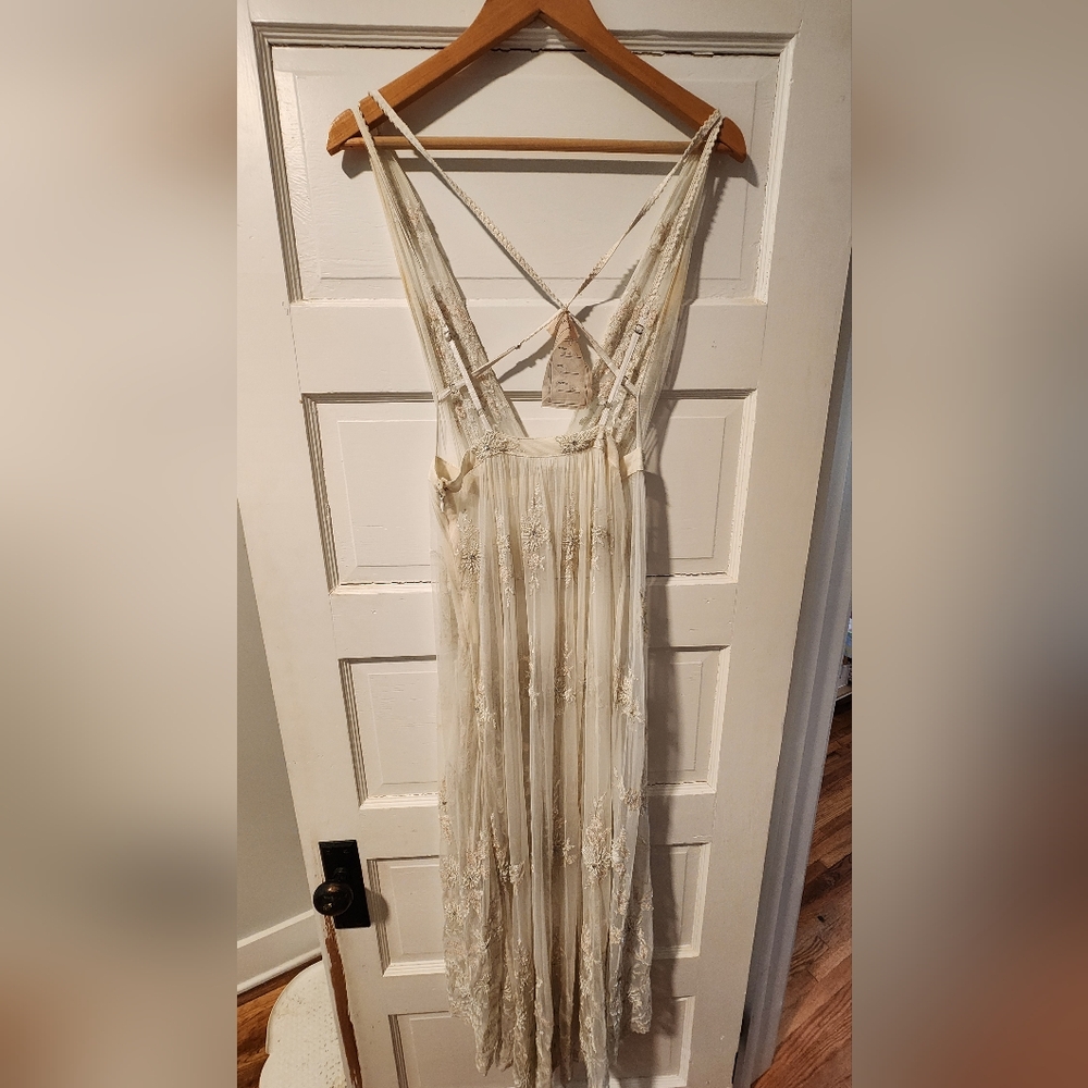 Free People Cream Pleated Sundress with Plunge Neckline - Picture 4 of 12